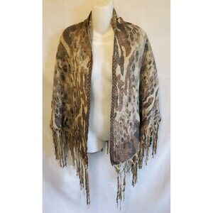 Tolani Scarf Wrap 100% Pure Wool Long Suede Fringe Abstract Earthy Tones Western